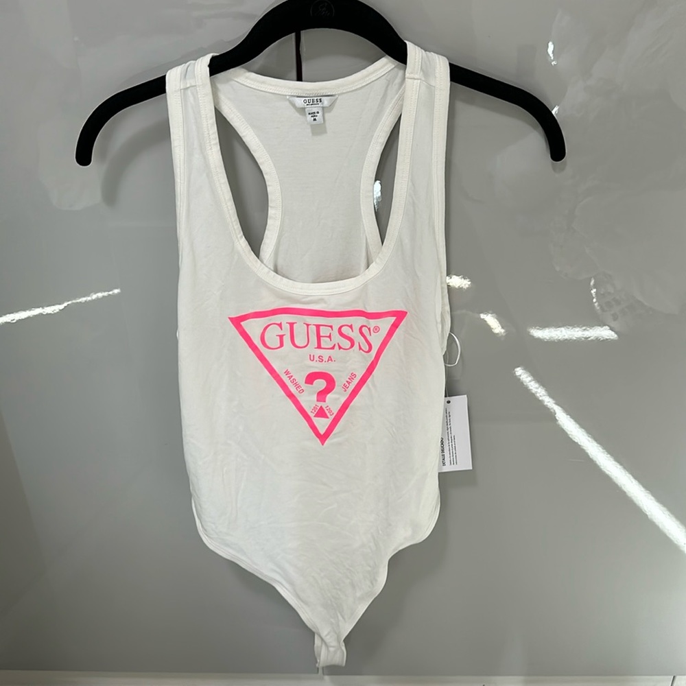 Guess White Racerback Bodysuit with Pink Logo
